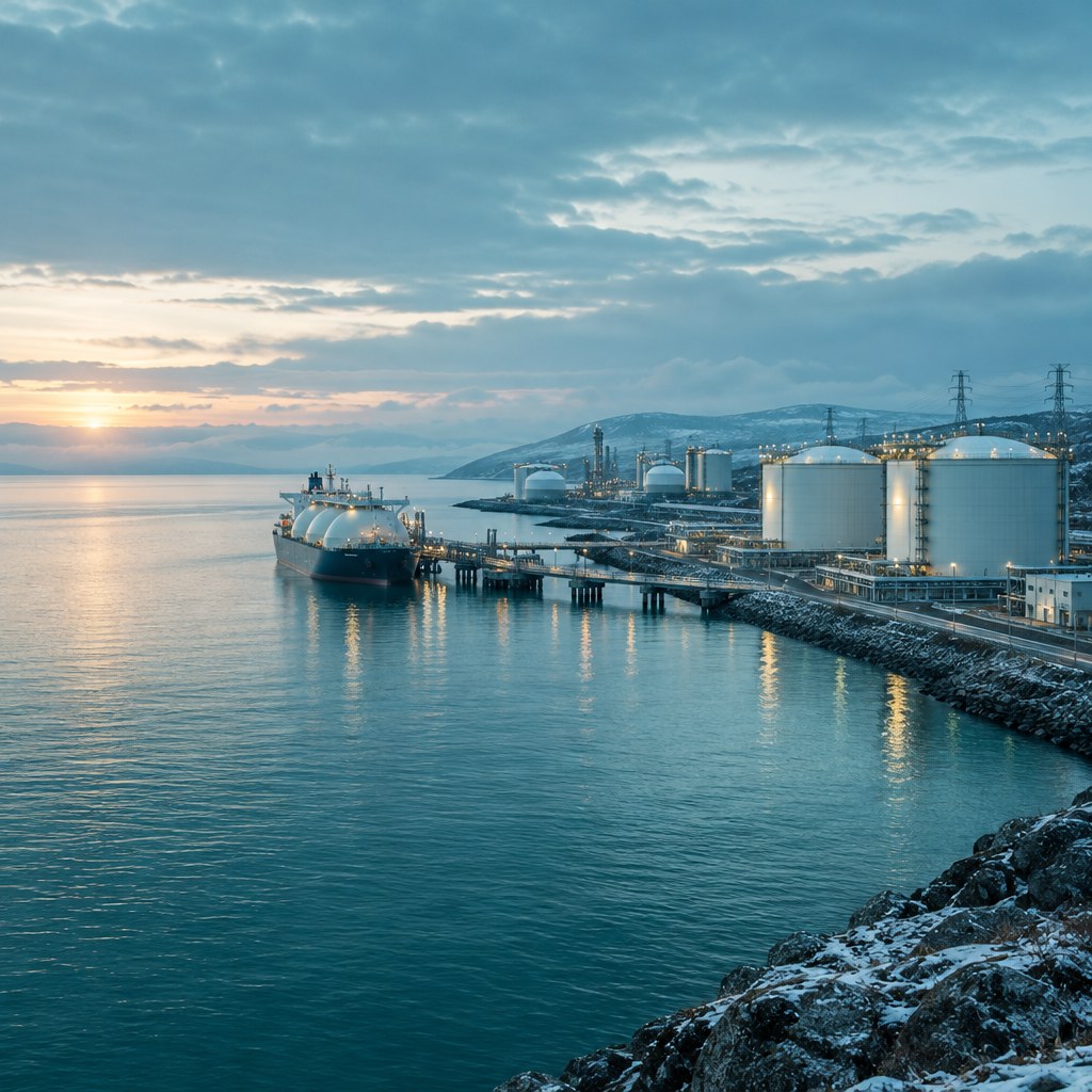 Terminale LNG e stoccaggi di gas in un paesaggio europeo invernale